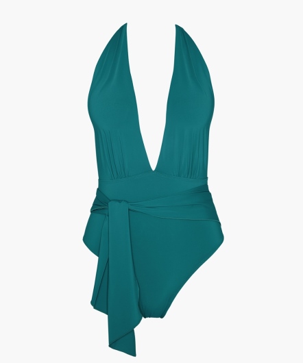 陽光海灘-深V修飾連身泳裝(湖水綠)
